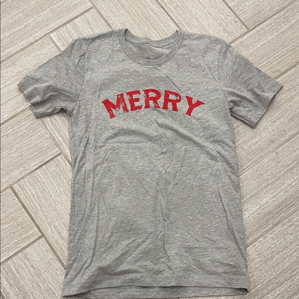 Gray T-Shirt with Red 'Merry' Print
